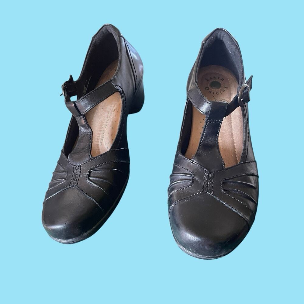 Earth Origins Roman Black Leather T-Strap Block Heels Shoes Women Size 11 - Picture 4 of 8